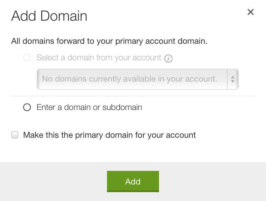 Godaddy Add Domain box for setting up a primary domain