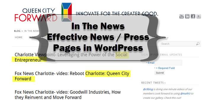 Queen City Forward News Page displaying news articles on a WordPress powered site effectively or not in this case featured