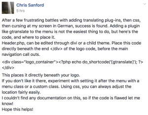 Adding Gtranslate to Divi Header with PHP via Chris Sanford on Facebook