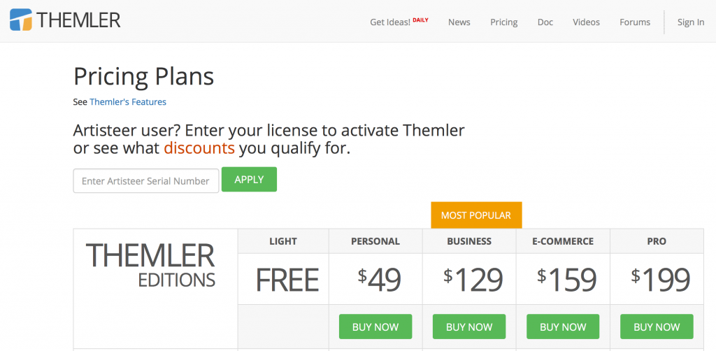 Themler pricing page to design themes and templates