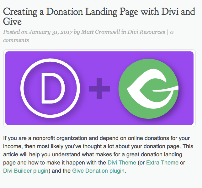 Blog Article on Creating a Donation Landing Page w Divi & Give