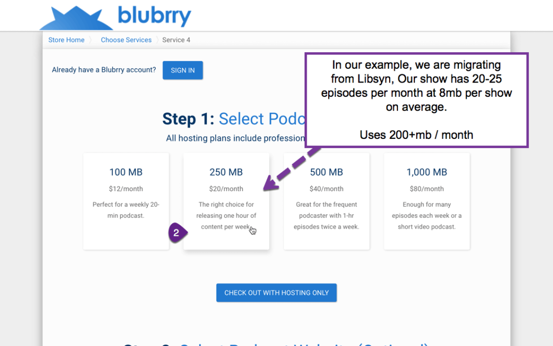 Example of Blubrry Podcast Hosting Signup Process w Promo code