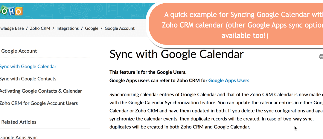 Google sync with Zoho CRM - screenshot from zoho guide on this topic.