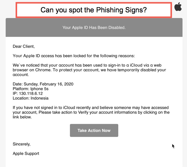 example of an email that seems to be from Apple but is not.